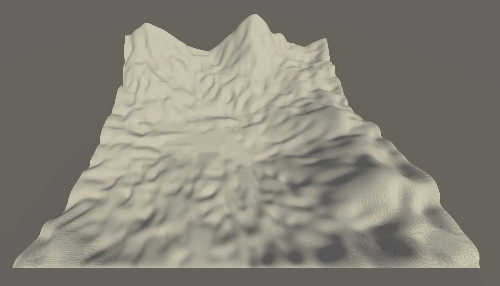 Terrain from the thesis tool generated around a fixed road network after distance-weighted blending: the road sits level with the surrounding ground, with no cliff at its edges.